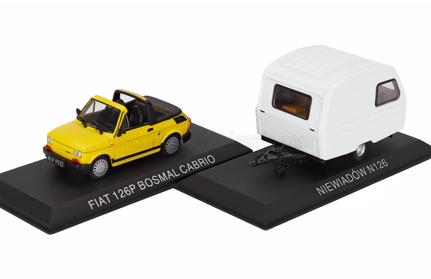 Polski Fiat 126P Bosmal cabrio 1987 with caravan Niewiadow N126 Roulotte 1973 yellow and white 1:43