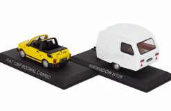 Alternative view of Polski Fiat 126P Bosmal cabrio 1987 with caravan Niewiadow N126 Roulotte 1973 yellow and white 1:43